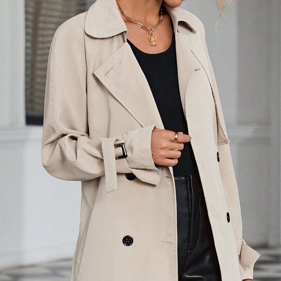 Khaki Casual Women's Raglan Sleeve Double Breasted Belted Trench Coat - Picture 5 of 6